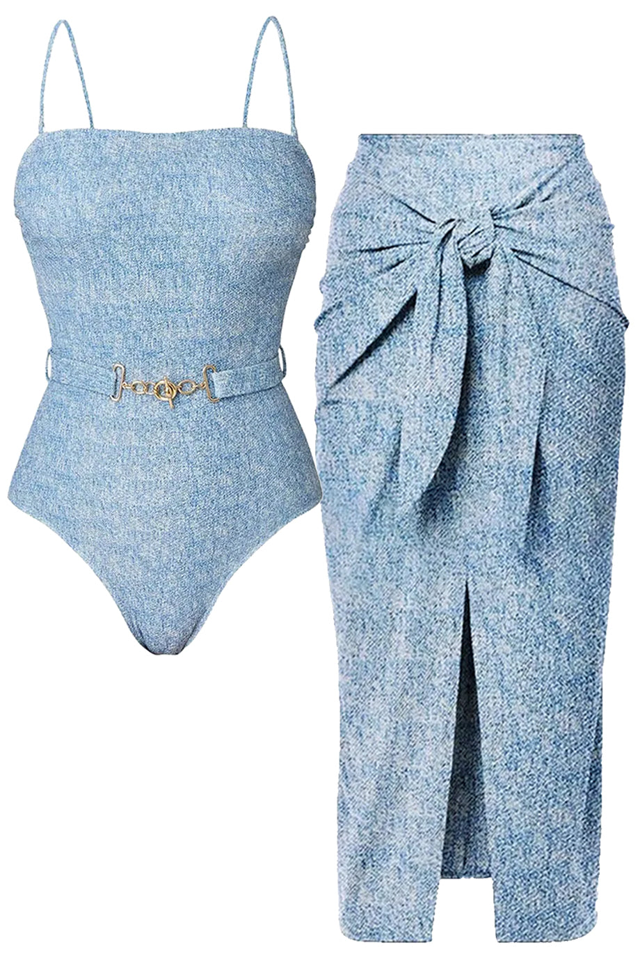 Cirelle Γαλάζιο Denim Ολόσωμο Μαγιό και Παρεό Σετ | Μαγιό - Ολόσωμα - Swimwear One Piece | Cirelle One-Piece Denim Light Blue Swimsuit with Sarong Set