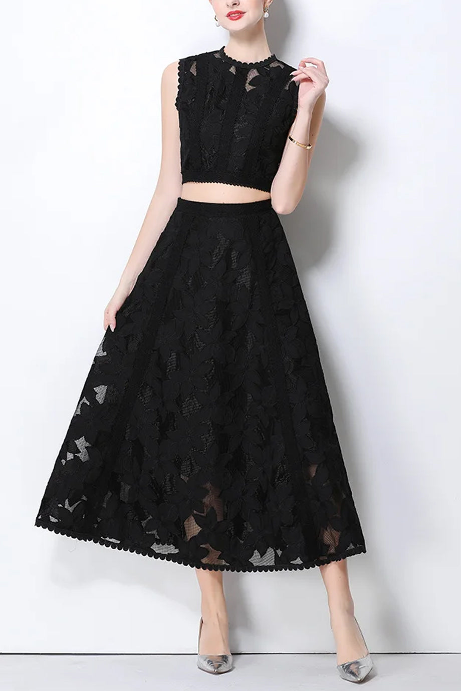 Lace Elyne Σετ Τοπ και Μίντι Φούστα με Σχέδιο Δαντέλας | Σετ Ρούχων - Clothing Sets | Lace Elyne Set with Top and Skirt with Lace 