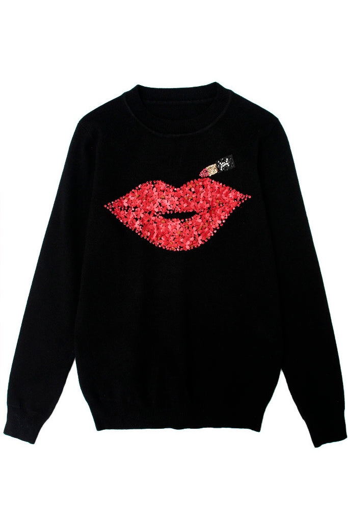 Red Lips Μαύρο Πουλόβερ με Σχέδια
